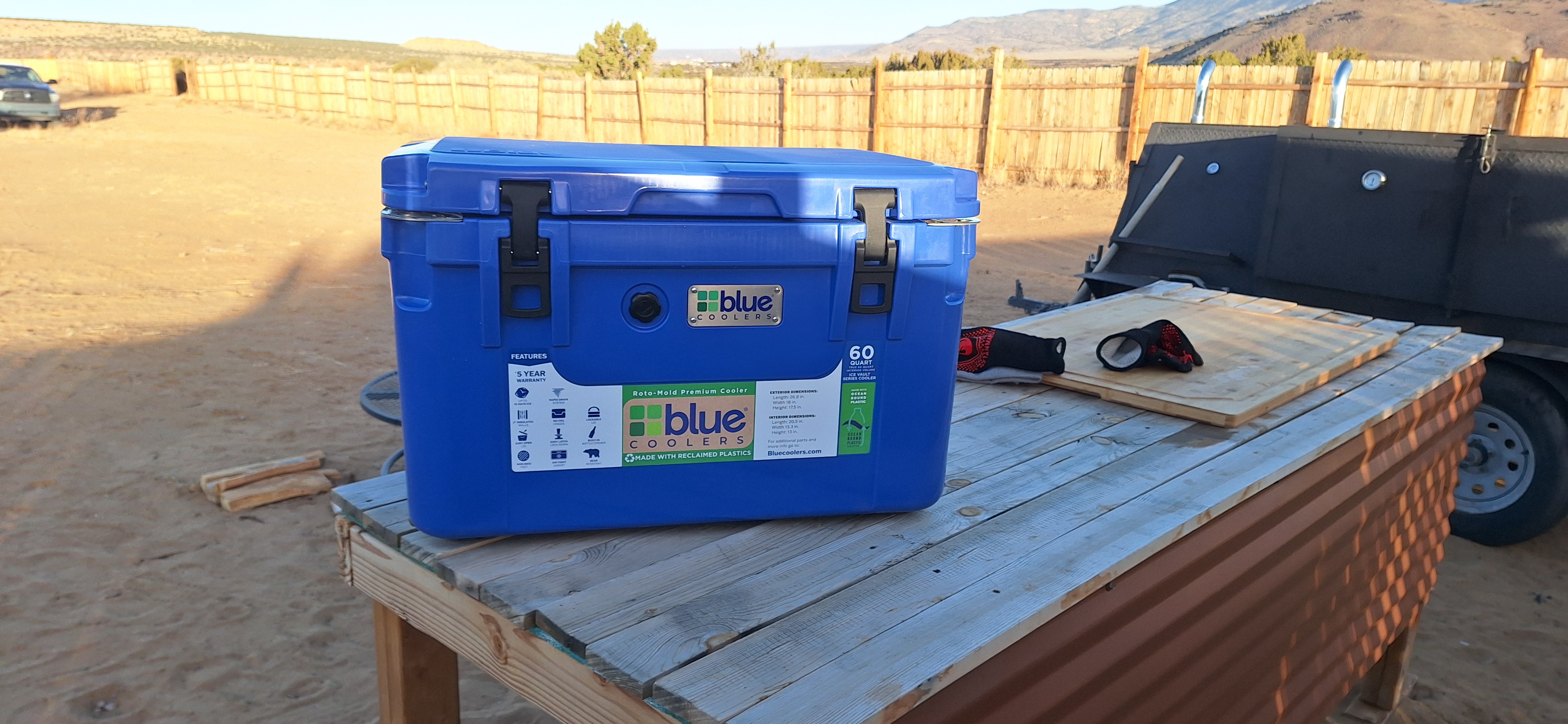 Blue Cooler on outdoor table