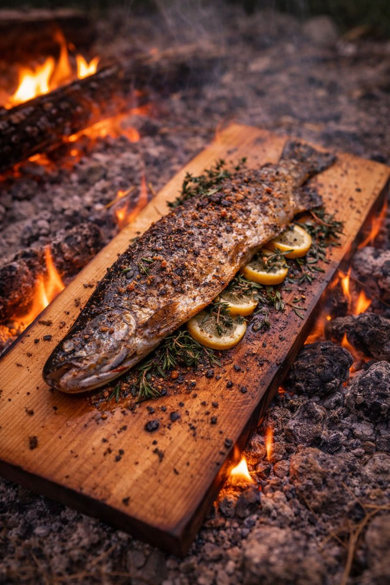Cedar-smoked trout on plank over campfire