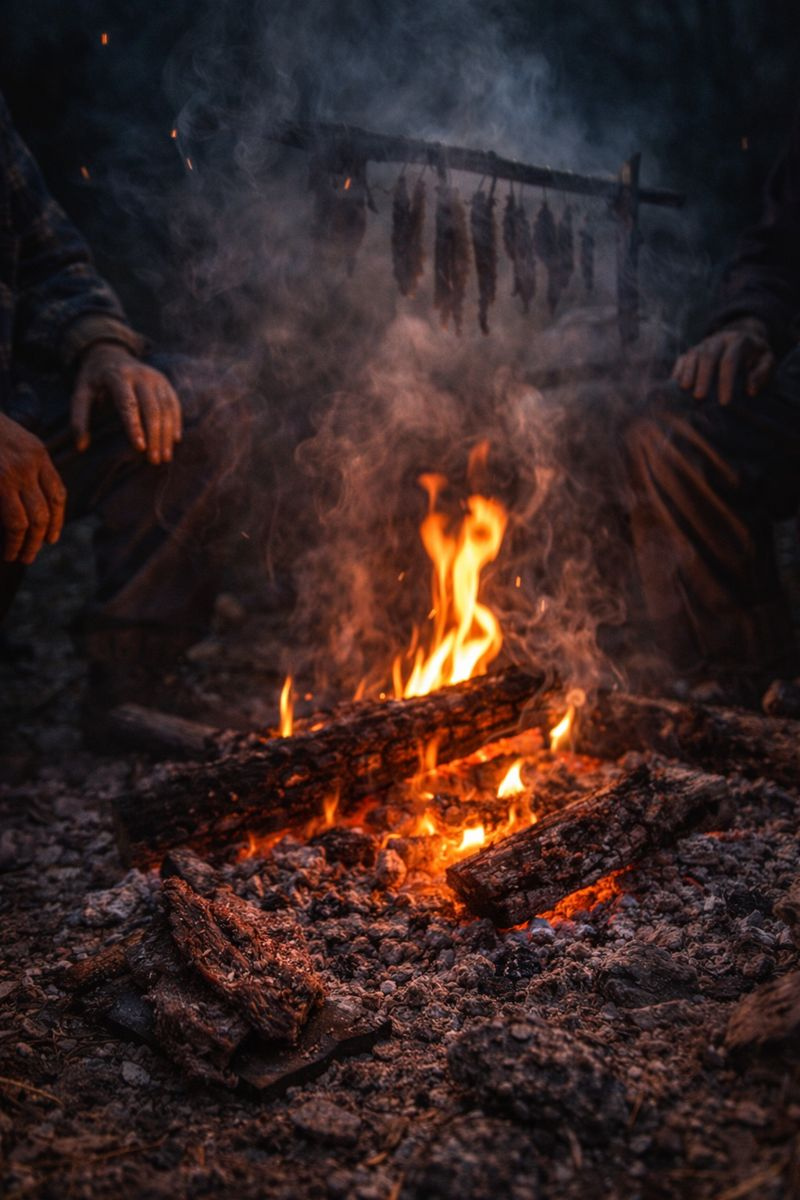 Campfire with smoke and meat hanging overhead
